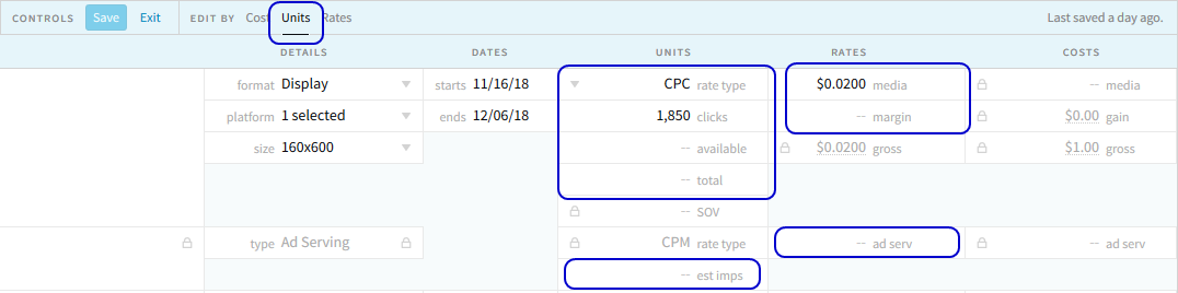 Line Item edit mode with the Units editing option selected and relevant fields highlighted. Units: rate type, clicks, available, total, and estimated impressions. Rates: media, margin, and ad serving.